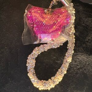 Pink Sequin Heart Keychain with Wristlet Beaded Strap